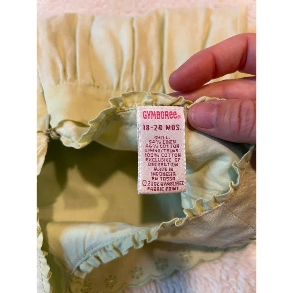 Y2K Vintage Gymboree Girls 18-24M Linen Green Embroidered Cottage Garden Dress